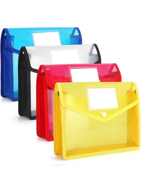 A4 Plastic File Folders, 4 Pack A4 Envelope Expanding File Wallet Waterproof File Plastic Document Folder with Snap Closure and Pocket for School Office Work Home Organization