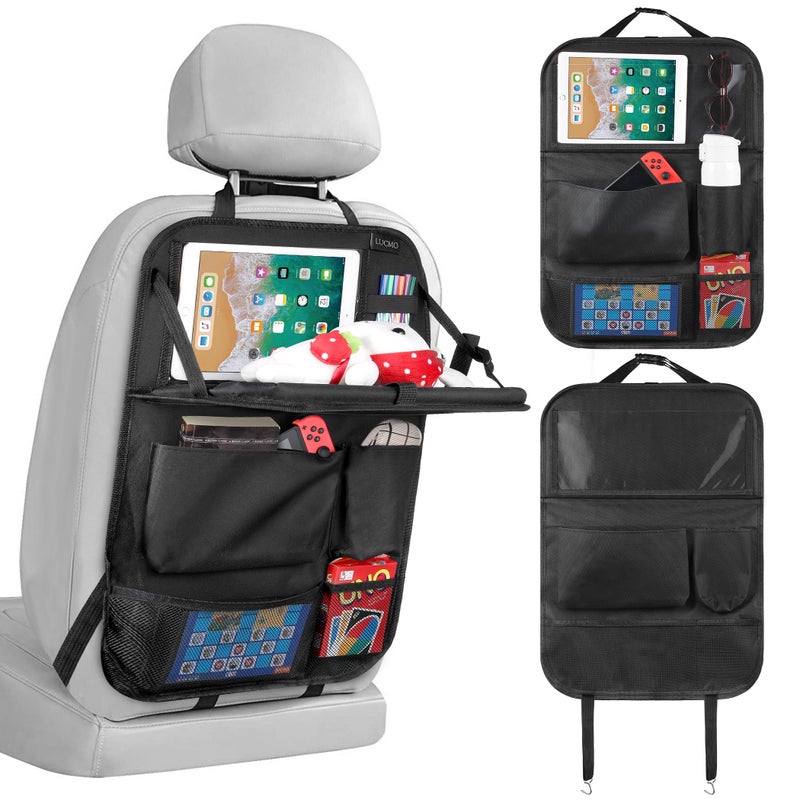 LUCMO Car Backseat Organizer with Tablet Holder,6 Storage Pockets Car Storage Organizer with Foldable Food Tray,Protectors Kick Mats Travel Accessories-Black - Image 1