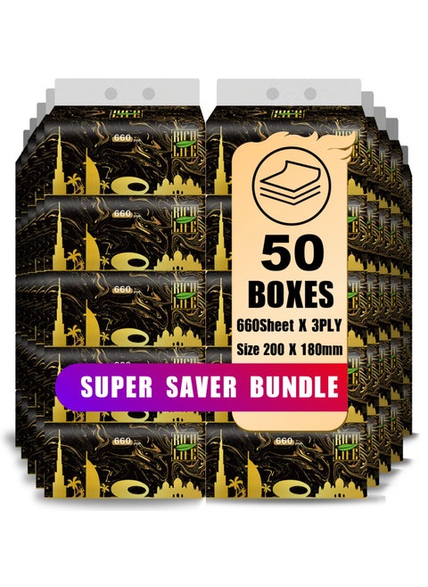 Facial Tissue - Premium Quality 3-Ply - 660 Sheets | 50 Value Packs | Soft, Durable & Moisture Proof | 100% Raw Wood Pulp - Ideal for Wet & Dry | Available in 5 to 100 Packs