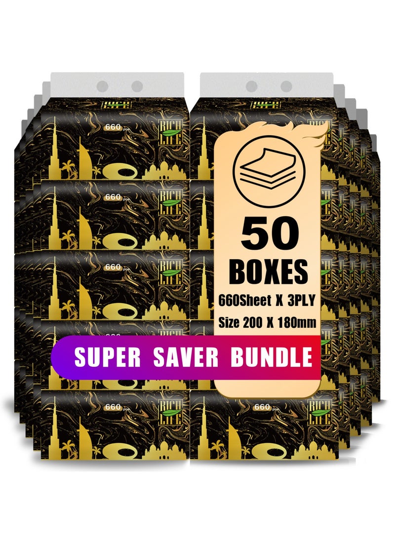 Rich Life - Facial Tissue - Premium Quality 3-Ply - 660 Sheets | 50 Value Packs | Soft, Durable & Moisture Proof | 100% Raw Wood Pulp - Ideal for Wet & Dry | Available in 5 to 100 Packs - Image 1