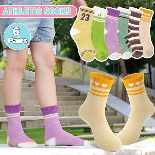 Sandsuced Kids Girls Socks Athletic Sport Basketball Youth Cotton Crew Soft Fun Gift Outdoor Socks 6 Pairs Stocking Stuffers(Assorted,5-8 Years) - Image 2