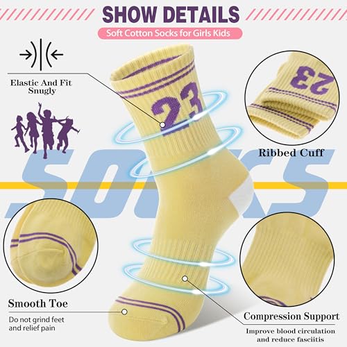 Sandsuced Kids Girls Socks Athletic Sport Basketball Youth Cotton Crew Soft Fun Gift Outdoor Socks 6 Pairs Stocking Stuffers(Assorted,5-8 Years) - Image 3