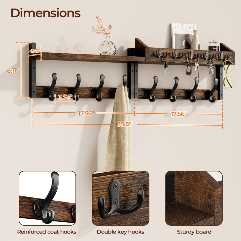 Evermagin 35" Coat Rack Wall Mount with Shelf, 4 in 1 Coat and Key Hanger with 13 Metal Hooks, Entryway Wall Mounted Shelf with Mail Holder for Living Room, Bedroom, Rustic Brown - Image 2