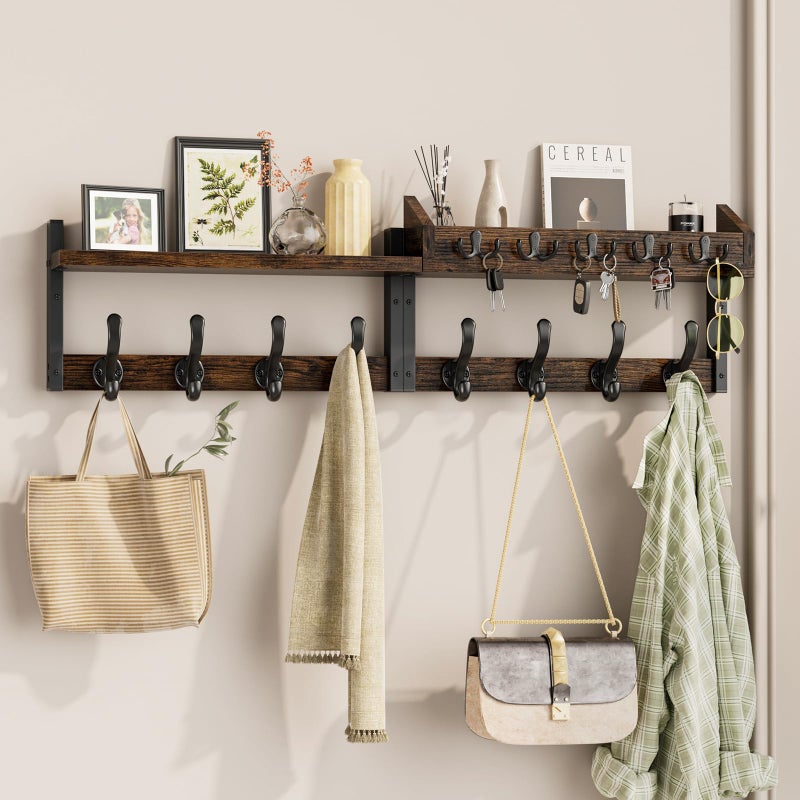 Evermagin 35" Coat Rack Wall Mount with Shelf, 4 in 1 Coat and Key Hanger with 13 Metal Hooks, Entryway Wall Mounted Shelf with Mail Holder for Living Room, Bedroom, Rustic Brown - Image 1