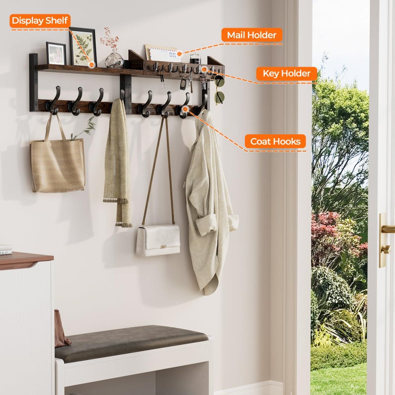 Evermagin 35" Coat Rack Wall Mount with Shelf, 4 in 1 Coat and Key Hanger with 13 Metal Hooks, Entryway Wall Mounted Shelf with Mail Holder for Living Room, Bedroom, Rustic Brown - Image 5