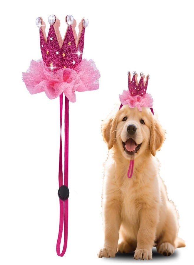 Yreamont Lace Crown Dog Birthday Hat for Boy Girl Dogs Cat Birthday Party Hat with Pearls for Pet Hot Pink Birthday Hats for Pet Adjustable Dog Cat Kitten Bday Hat for Pets Birthday Party Hats - Image 1