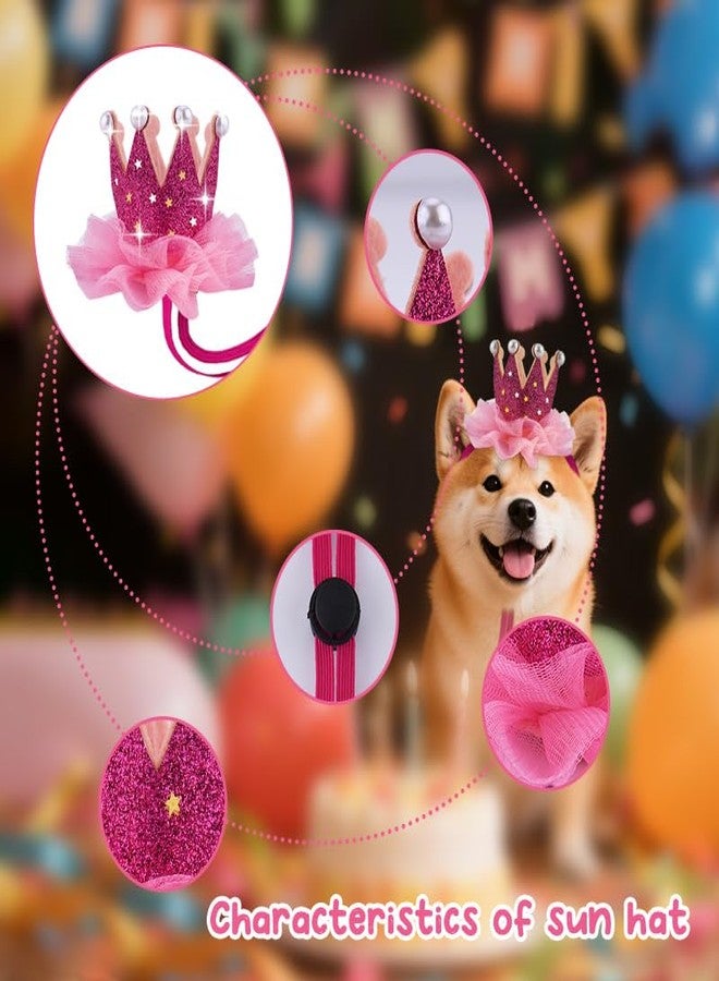 Yreamont Lace Crown Dog Birthday Hat for Boy Girl Dogs Cat Birthday Party Hat with Pearls for Pet Hot Pink Birthday Hats for Pet Adjustable Dog Cat Kitten Bday Hat for Pets Birthday Party Hats - Image 3