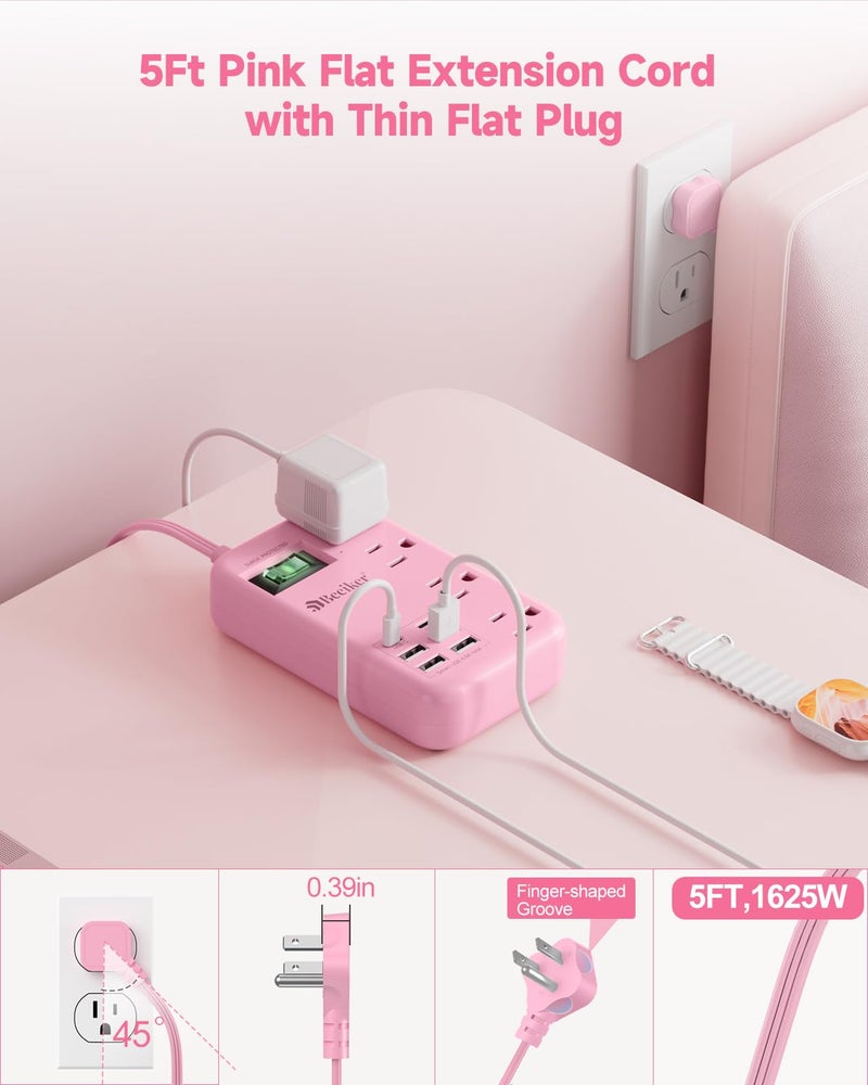 Beeiker 6 USB(2 USB C) Pink Extension Cord- 5Ft Travel Power Strip with 24W USB Charging Station and 4 Outlets, Pink Desk Accessories with Surge Protector for Cute Kawaii Gifts College Dorm Desk - Image 4