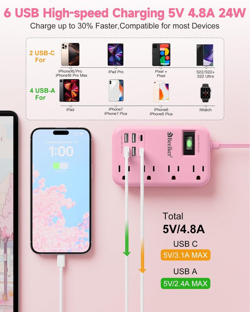 Beeiker 6 USB(2 USB C) Pink Extension Cord- 5Ft Travel Power Strip with 24W USB Charging Station and 4 Outlets, Pink Desk Accessories with Surge Protector for Cute Kawaii Gifts College Dorm Desk - Image 2