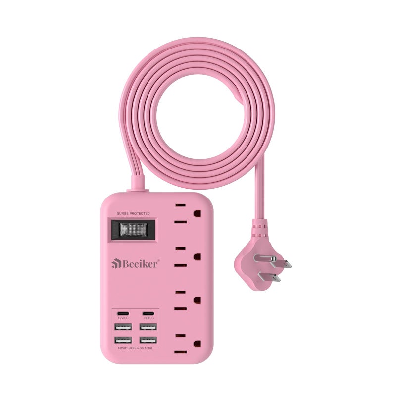 Beeiker 6 USB(2 USB C) Pink Extension Cord- 5Ft Travel Power Strip with 24W USB Charging Station and 4 Outlets, Pink Desk Accessories with Surge Protector for Cute Kawaii Gifts College Dorm Desk - Image 1