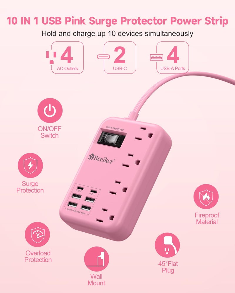 Beeiker 6 USB(2 USB C) Pink Extension Cord- 5Ft Travel Power Strip with 24W USB Charging Station and 4 Outlets, Pink Desk Accessories with Surge Protector for Cute Kawaii Gifts College Dorm Desk - Image 3