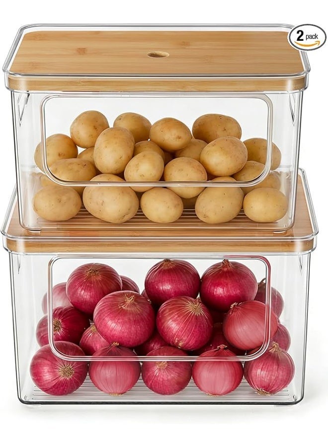 Arabest Pantry Organizers and Storage with Straight Side, 2 Set Stackable Bin with Open Front for Onion,Potato,Garlic,Fruit, Clear Storage Bin with Bamboo Lid for Kitchen Cabinet, Countertop, Bathroom - Image 1