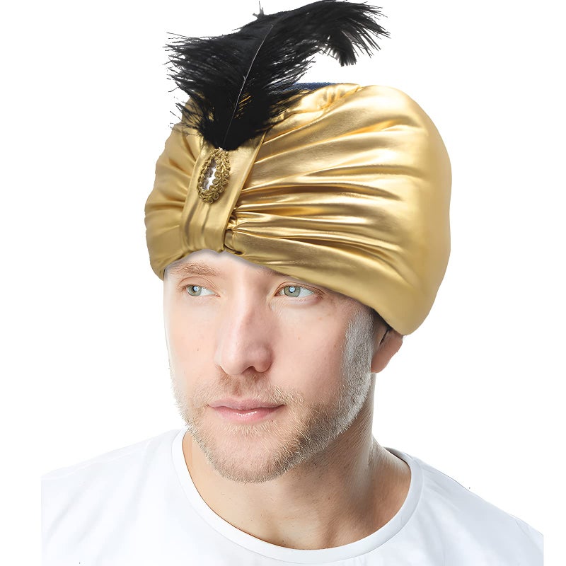 Qchomee Aladdin Turban Hat Gold Indian Sultan King Hat Cap with Feather Aladdin Theme Party Fancy Dress Up Cosplay Accessory Halloween Theatre Carnival for Adult Teen Boys - Image 1
