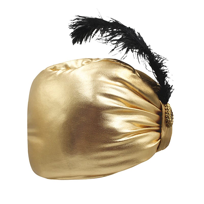 Qchomee Aladdin Turban Hat Gold Indian Sultan King Hat Cap with Feather Aladdin Theme Party Fancy Dress Up Cosplay Accessory Halloween Theatre Carnival for Adult Teen Boys - Image 2