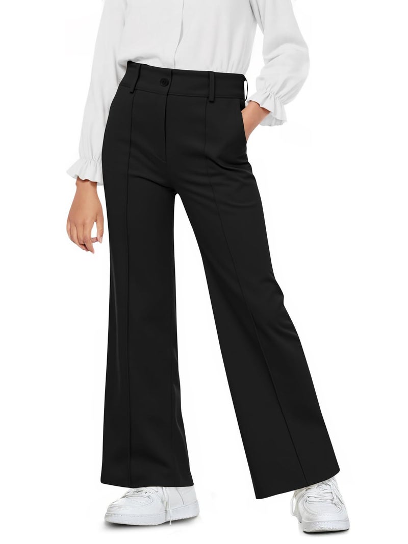 Haloumoning Girls Wide Leg Uniform Pants Kids Elastic High Waist Dress Pants Slacks with Pockets 5-14 Years, Black, 5-6 Years - Image 1