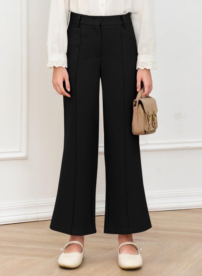 Haloumoning Girls Wide Leg Uniform Pants Kids Elastic High Waist Dress Pants Slacks with Pockets 5-14 Years, Black, 5-6 Years - Image 2