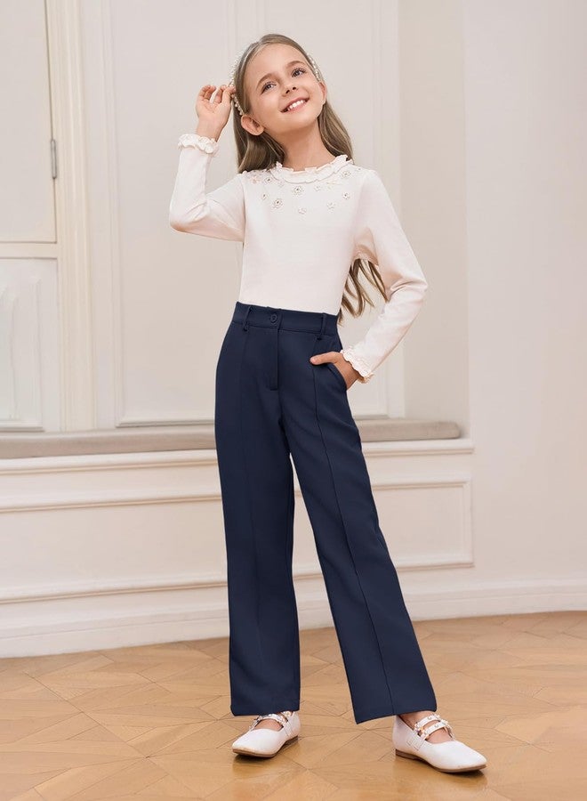 Haloumoning Girls Wide Leg Uniform Pants Kids Elastic High Waist Dress Pants Slacks with Pockets 5-14 Years, Black, 5-6 Years - Image 3