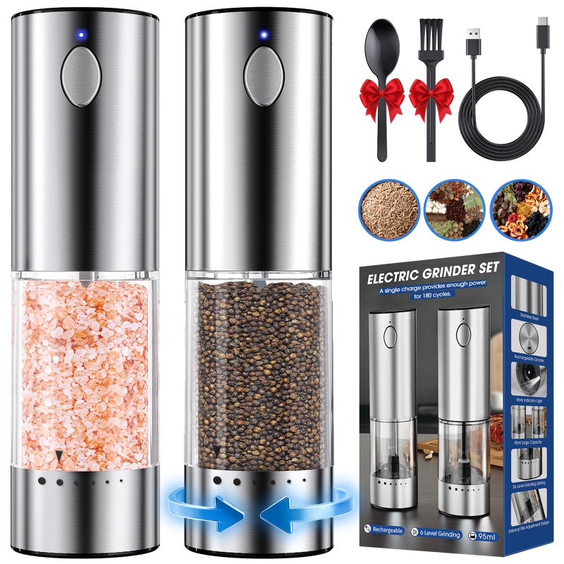 HomeHacks Upgraded Larger Capacity Electric Salt and Pepper Grinder Set Rechargeable TypeC with LED Light Stainless Steel Automatic 6 Adjustable Coarseness Ideal for HousewarmingChristmas Gifts