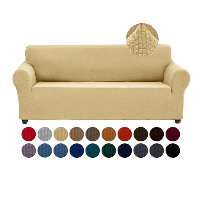 Stretch Couch Cover Slipcovers 1Piece Sofa Covers for 3 Cushion Couch Spandex Jacquard Washable Furniture Protector Cover for Living RoomKidsPetsSofaChampagne