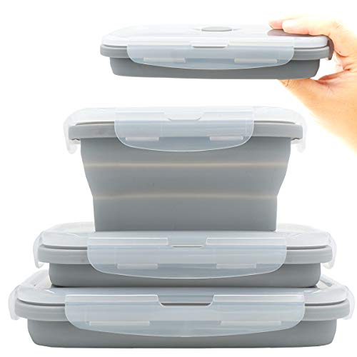 Duoyou Collapsible Silicone Lunch Bento Box, Portable Food Storage Container Outdoor Picnic Box Space Saving, Microwave, Dishwasher and Freezer Safe, 3 Pcs Set (Grey) - Image 1