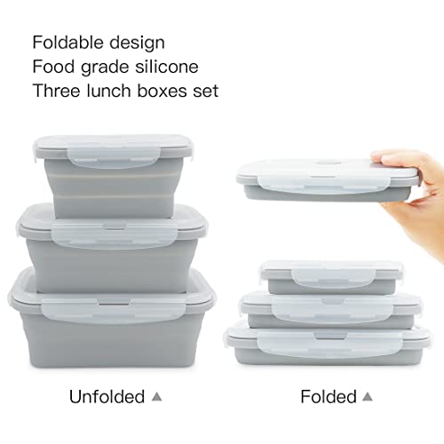 Duoyou Collapsible Silicone Lunch Bento Box, Portable Food Storage Container Outdoor Picnic Box Space Saving, Microwave, Dishwasher and Freezer Safe, 3 Pcs Set (Grey) - Image 3