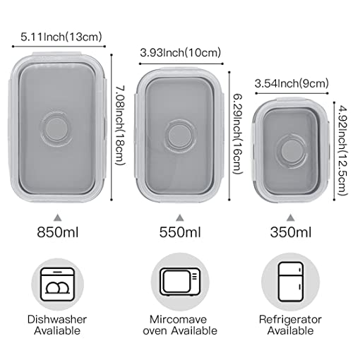 Duoyou Collapsible Silicone Lunch Bento Box, Portable Food Storage Container Outdoor Picnic Box Space Saving, Microwave, Dishwasher and Freezer Safe, 3 Pcs Set (Grey) - Image 2