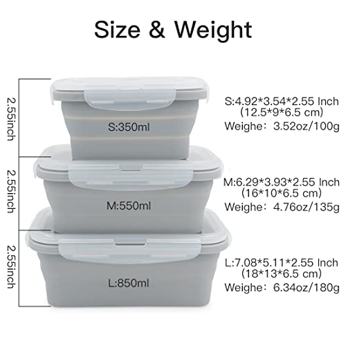 Duoyou Collapsible Silicone Lunch Bento Box, Portable Food Storage Container Outdoor Picnic Box Space Saving, Microwave, Dishwasher and Freezer Safe, 3 Pcs Set (Grey) - Image 4
