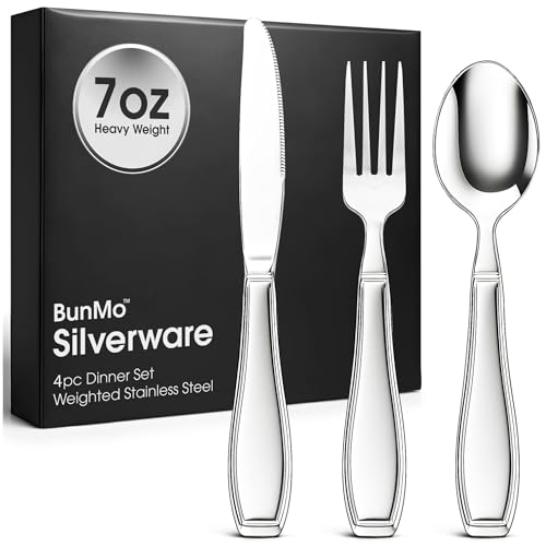 BunMo Weighted Utensils for Tremors and Parkinsons Patients - Heavy Weight Silverware Set of Knife, Fork and Spoon - Parkinsons Gifts for People with Parkinson's - Adaptive Eating Flatware (3 Pieces) - Image 1