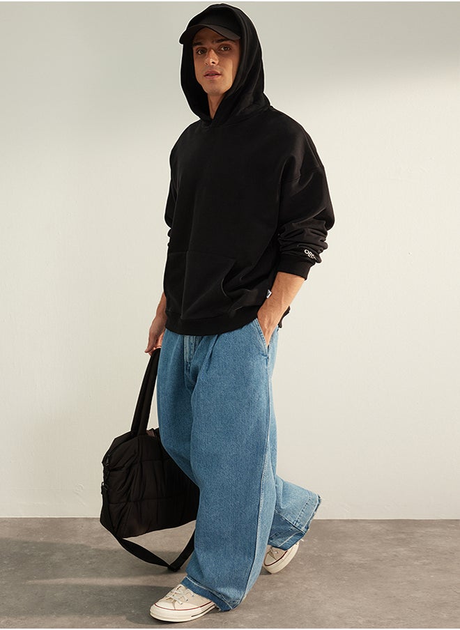 trendyol Black Oversize/Wide Cut Embroidered Label Soft Fabric Thick Sweatshirt TMNAW24SW00031  - Image 1