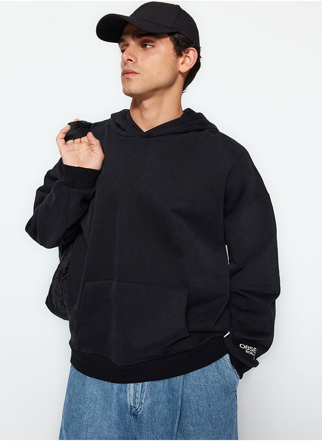 trendyol Black Oversize/Wide Cut Embroidered Label Soft Fabric Thick Sweatshirt TMNAW24SW00031  - Image 3