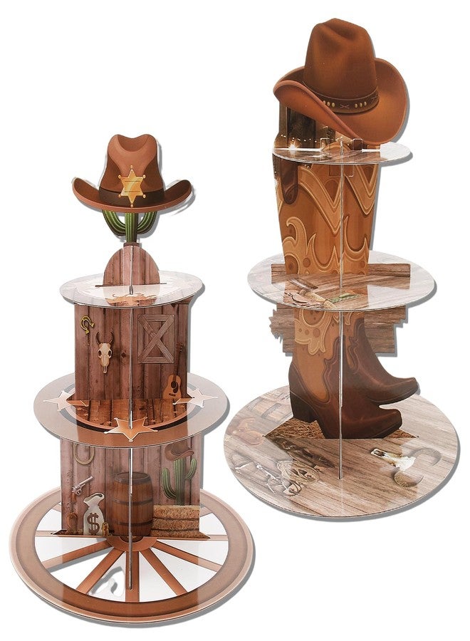 PQJSJDR 2 Pack Western Cowboy Cupcake Stand Decoration,3 Tier Cupcake Stand Boots on the Ground Decorations,Wild Cowboy Theme Party Decorations Cake Holder,for Birthday Baby Shower Party Decoration - Image 1