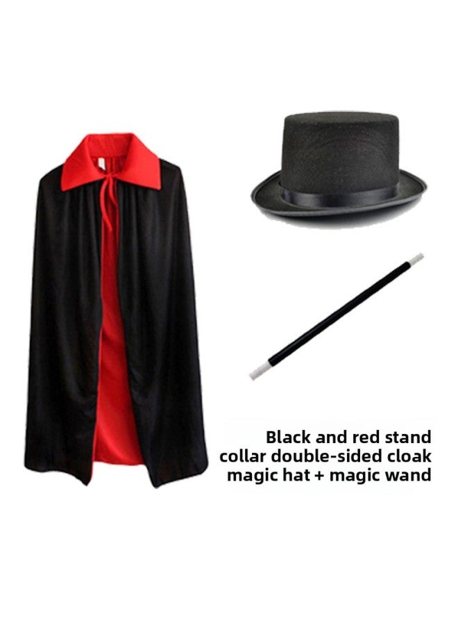 Loquat Magician Costume Adult Child Magician's Hat  Double Face Cloak Stage Costume-Color:Stand Collar Cloak + Magic Hat + Magic Wand + 120cm 【recommended Height 130-165cm】 - Image 1