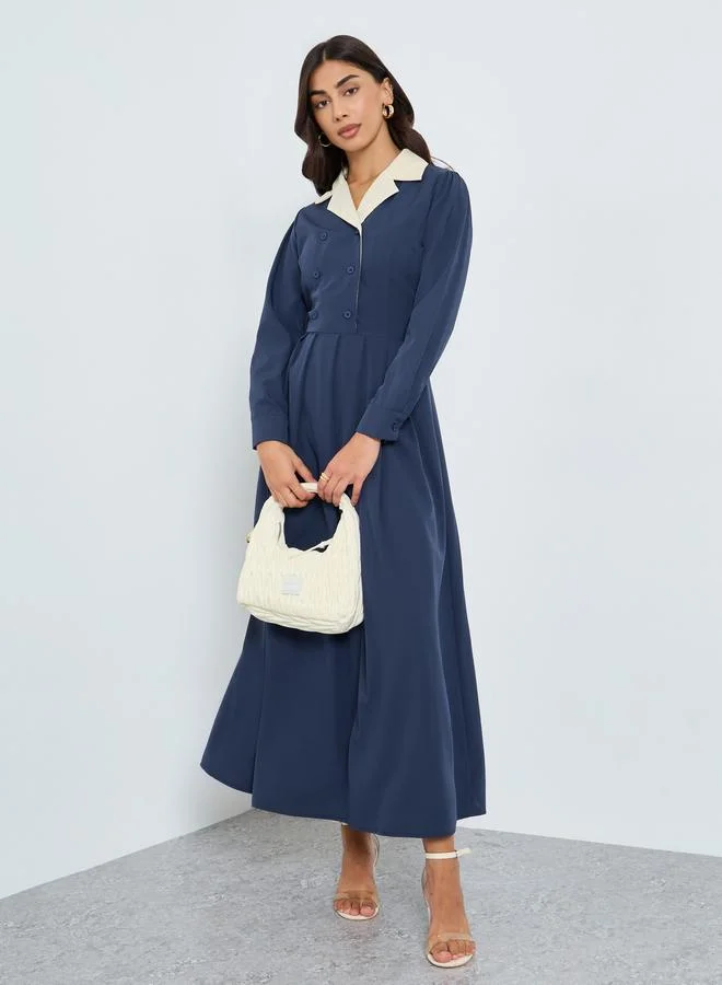 Styli Styli Navy Blue Contrast Notch Lapel Maxi Dress