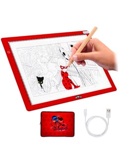 Miraculous Ladybug A4 LED Light Pad Drawing Kit for Kids – USB Powered Art Set with Brightness Control, Red and Pink Case & Tracing Pages by Wyncor