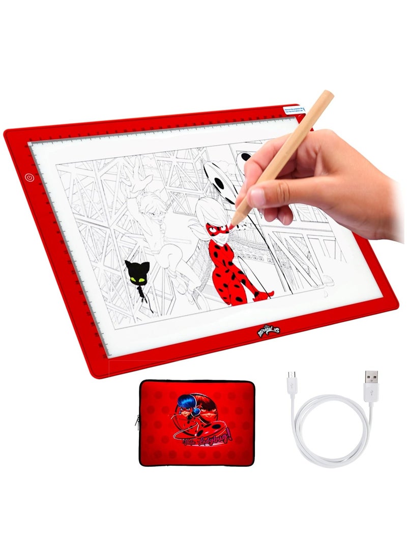 Miraculous Miraculous Ladybug A4 LED Light Pad Drawing Kit for Kids – USB Powered Art Set with Brightness Control, Red and Pink Case & Tracing Pages by Wyncor  - Image 1