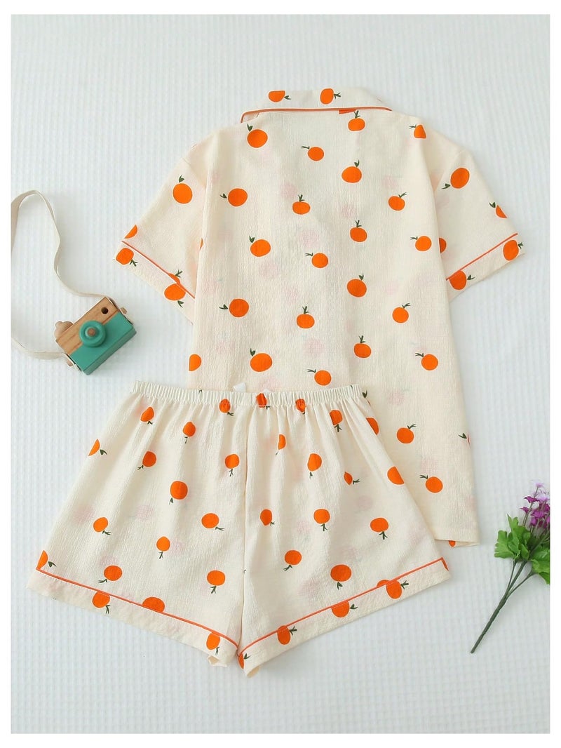 Verdusa Pajamas For Women Set 2 Piece Summer Pajama Sets Cute Pjs Lounge Matching Button Shirt with Shorts Orange Apricot Medium - Image 2