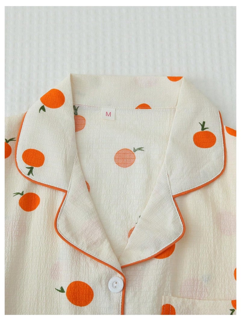 Verdusa Pajamas For Women Set 2 Piece Summer Pajama Sets Cute Pjs Lounge Matching Button Shirt with Shorts Orange Apricot Medium - Image 3