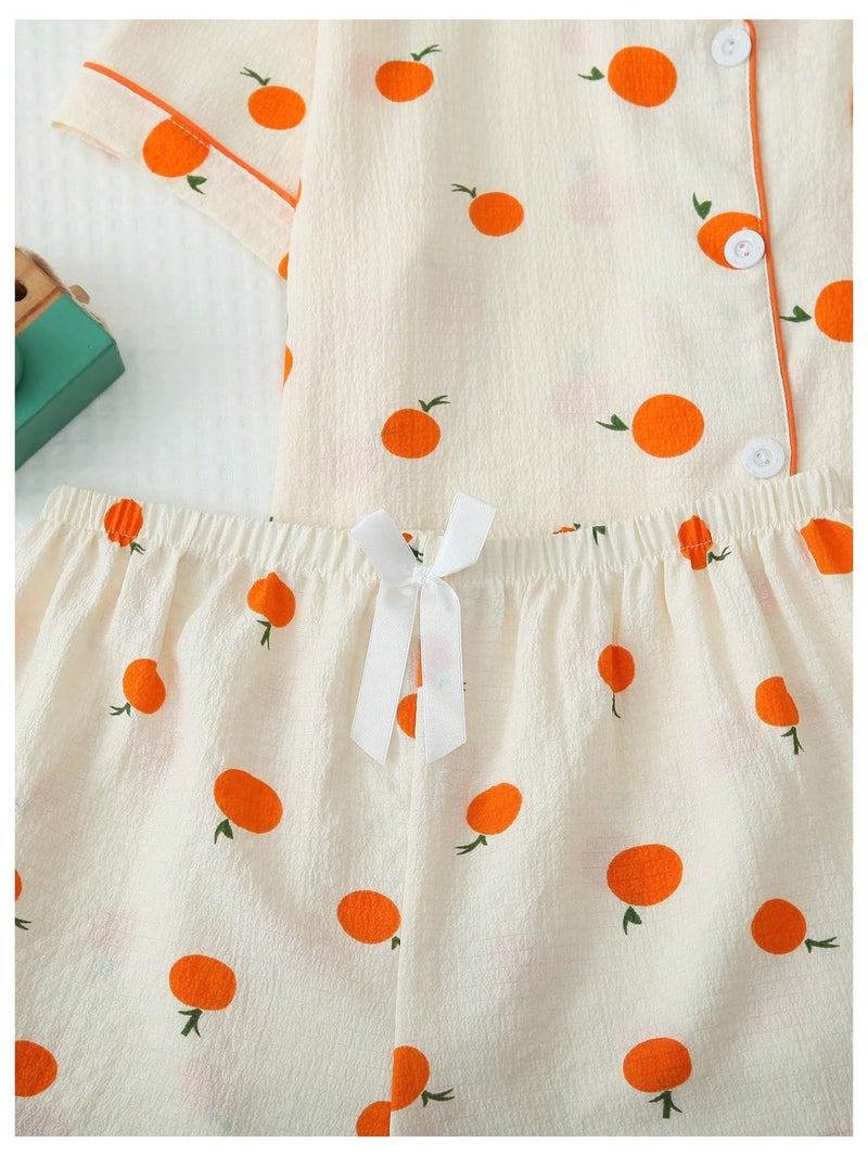 Verdusa Pajamas For Women Set 2 Piece Summer Pajama Sets Cute Pjs Lounge Matching Button Shirt with Shorts Orange Apricot Medium - Image 4