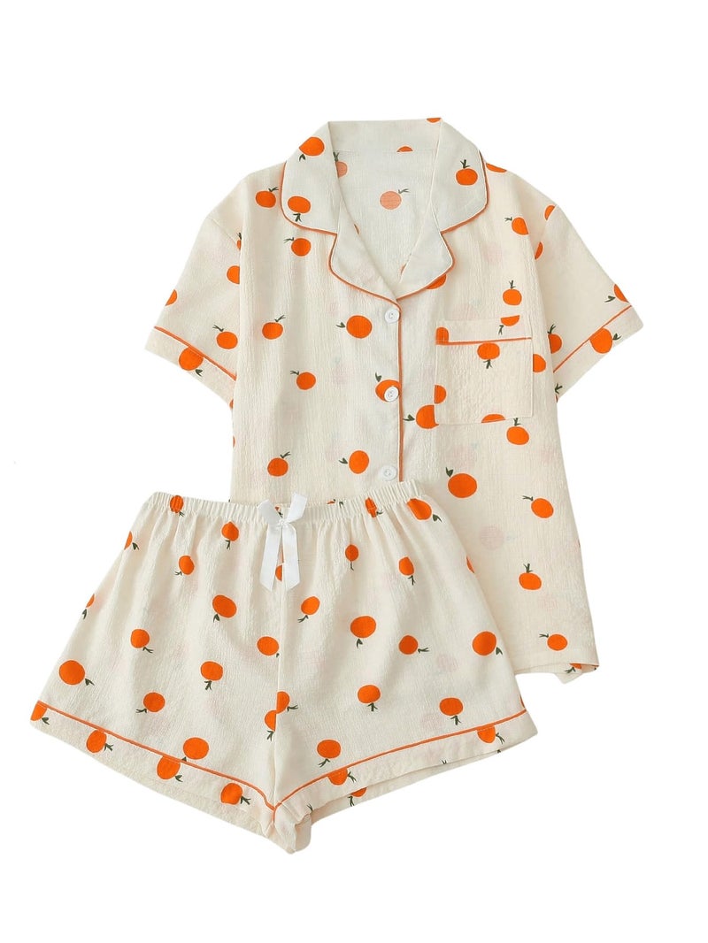 Verdusa Pajamas For Women Set 2 Piece Summer Pajama Sets Cute Pjs Lounge Matching Button Shirt with Shorts Orange Apricot Medium - Image 1