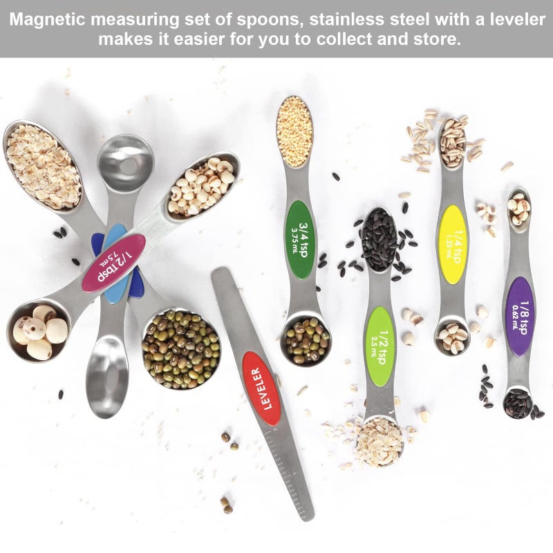 BIDFUL Multicolor Magnetic Measuring Spoons Set with Leveler - Stainless Steel, Stackable, Fits Spice Jars - For Baking Kitchen - Image 3