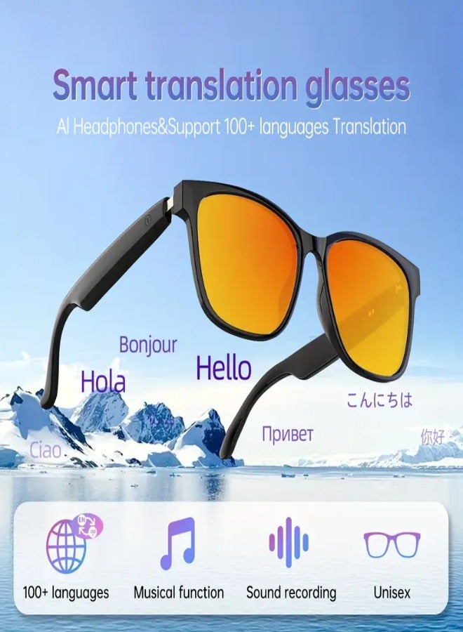نظارات ترجمة لاسلكية ذكية جديدة - مكالمات صوتية عالية الدقة، موسيقى مفتوحة الأذن، ترجمة فورية بأكثر من 100 لغة، تحكم في الموسيقى، مساعد صوتي، قابلة لإعادة الشحن عبر USB، شحن مغناطيسي، خفيفة الوزن ومريحة للاستخدام في الهواء الطلق، القيادة، السفر، برتقالي - Image 1