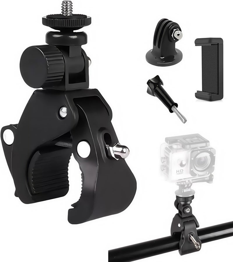 SHOPEE Action Camera Mount Clamp, Bike/Motorcycle Handlebar Clamp Cell Phone Adapter for Insta360/Hero/AKASO/Osmo, Sports Camera Mounts Compatible with Smartphone DSLR Cameras, Camcorders - Image 1