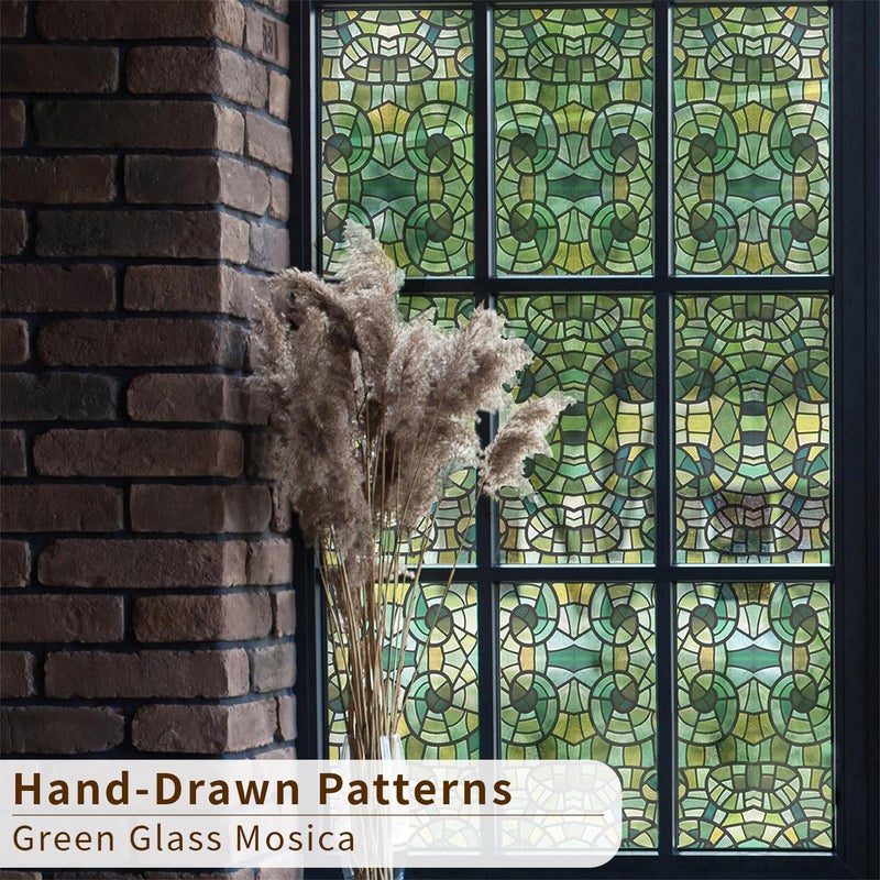 فان لايف فيلم زجاجي ملون من الفوضى مزدوج الجوانب الثمينة ثابتة شارات غير ملصقات ديكورات لنافذة الباب 11.8 "" x118 "" الفسيفساء الخضراء - Image 5