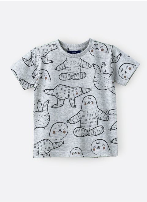 Boys' Grey Sloth Pattern Cotton T-Shirt