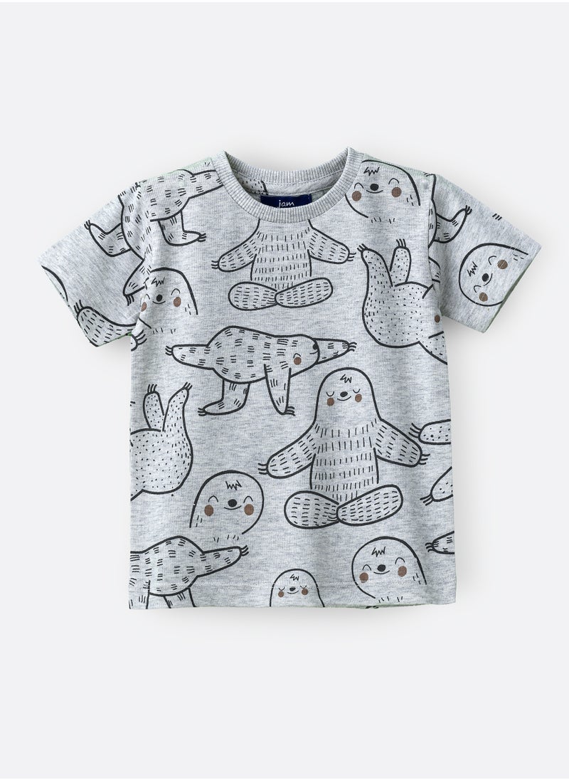 JAM Boys' Grey Sloth Pattern Cotton T-Shirt  - Image 1