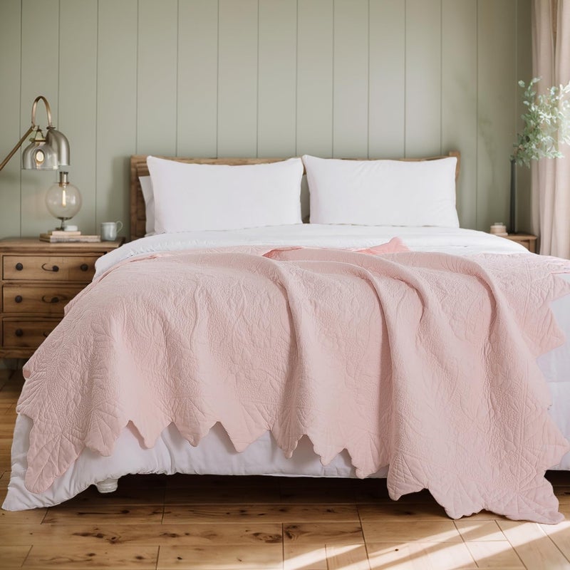 Brandream Pink Scalloped Edge Quilt Cotton Quilted Throw Blanket for Bed Couch Daybed 47 X 60 Inch Decorative Throw Blankets - Image 1