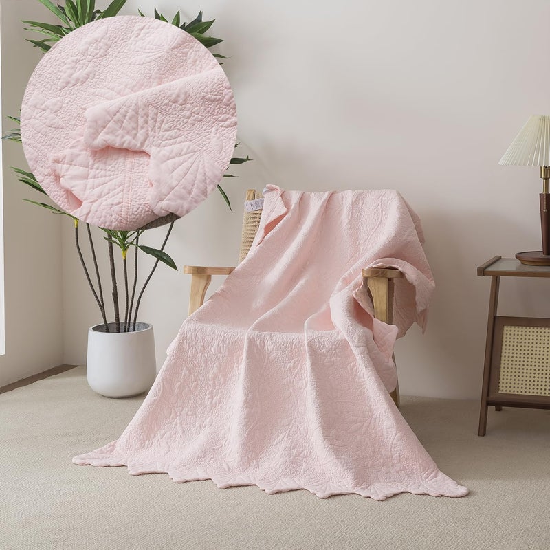 Brandream Pink Scalloped Edge Quilt Cotton Quilted Throw Blanket for Bed Couch Daybed 47 X 60 Inch Decorative Throw Blankets - Image 5