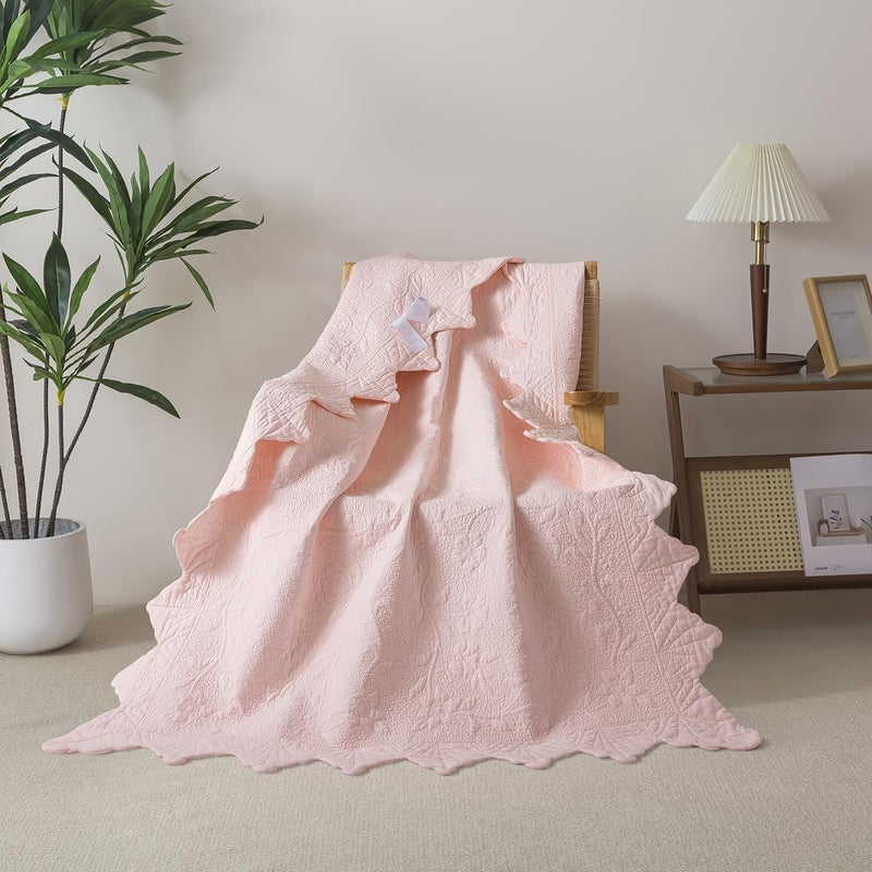 Brandream Pink Scalloped Edge Quilt Cotton Quilted Throw Blanket for Bed Couch Daybed 47 X 60 Inch Decorative Throw Blankets - Image 2