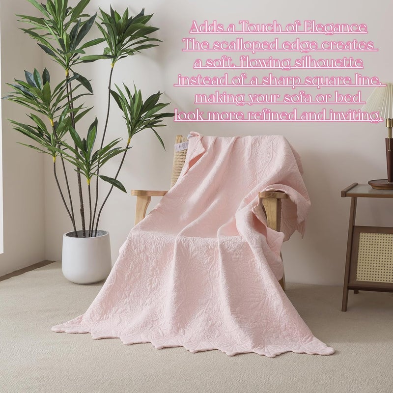Brandream Pink Scalloped Edge Quilt Cotton Quilted Throw Blanket for Bed Couch Daybed 47 X 60 Inch Decorative Throw Blankets - Image 3