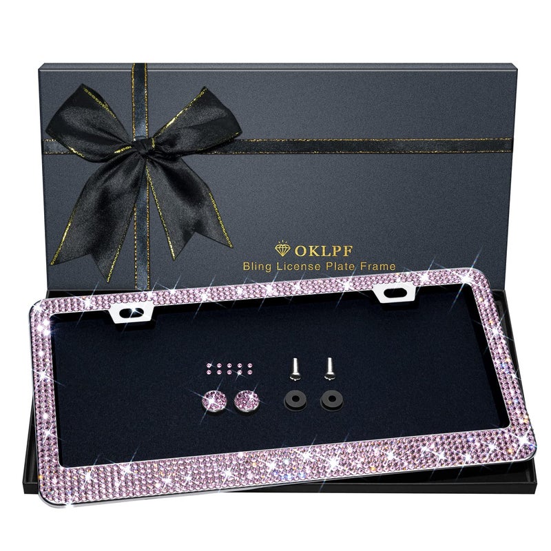 OKLPF Bling License Plate Frame for Women, 1PCS Sparkly License Plate Frames| Over 1200 pcs 14 Facets Bedazzled Clear Glass Diamond Rhinestone Crystals w/Free Glitter Diamond Box (Pink) - Image 1
